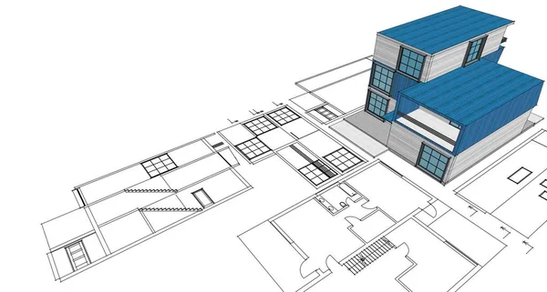 房屋建筑草图3D渲染 — 图库照片