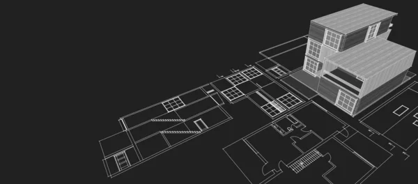 房屋建筑草图3D渲染 — 图库照片