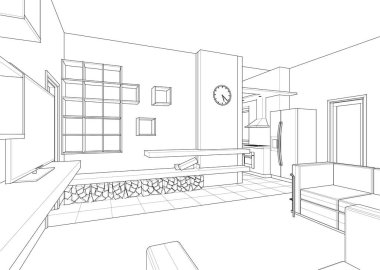 İç mutfak oturma odası 3D görüntü