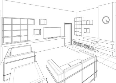 İç mutfak oturma odası 3D görüntü