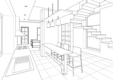 İç mutfak oturma odası 3D görüntü