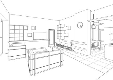 İç mutfak oturma odası 3D görüntü