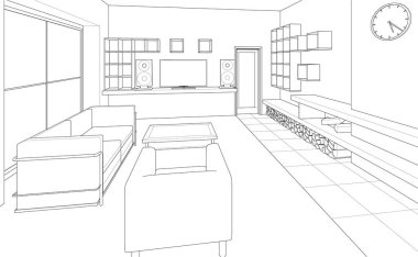 İç mutfak oturma odası 3D görüntü