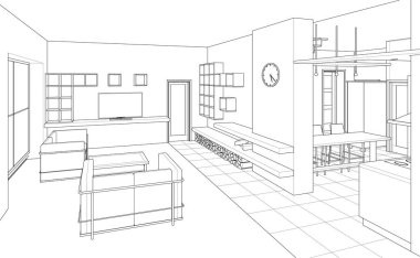 İç mutfak oturma odası 3D görüntü