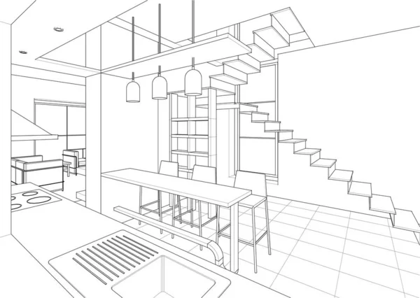 Interior Dapur Ruang Tamu Ilustrasi - Stok Vektor