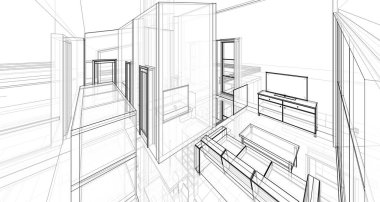 ev içi mutfak oturma odası 3D görüntü