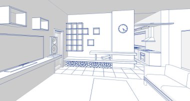 ev içi mutfak oturma odası 3D görüntü