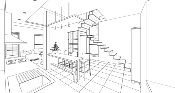 Casa Interior Cozinha Sala Estar Ilustração — Fotografia de Stock