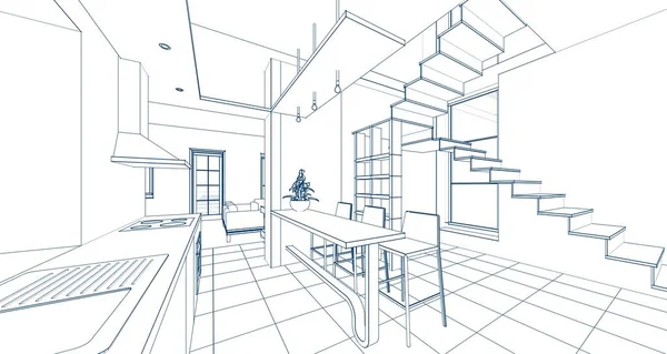家のキッチンリビングルーム3Dイラスト — ストック写真