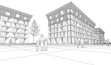 Şehir mimarisi çizimi 3D illüstrasyon