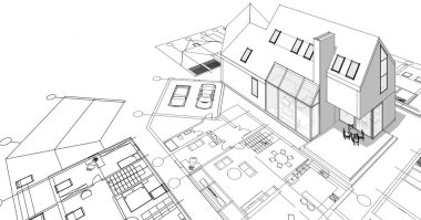 Modern ev mimari projesi çizimi 3D illüstrasyon