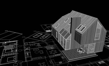 Modern ev mimari projesi çizimi 3D illüstrasyon