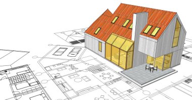 Modern ev mimari projesi çizimi 3D illüstrasyon