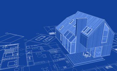 Modern ev mimari projesi çizimi 3D illüstrasyon