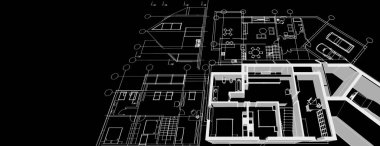 Modern ev mimari projesi çizimi 3D illüstrasyon