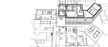 Modern ev mimari projesi çizimi 3D illüstrasyon