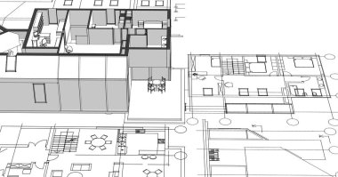 Modern ev mimari projesi çizimi 3D illüstrasyon