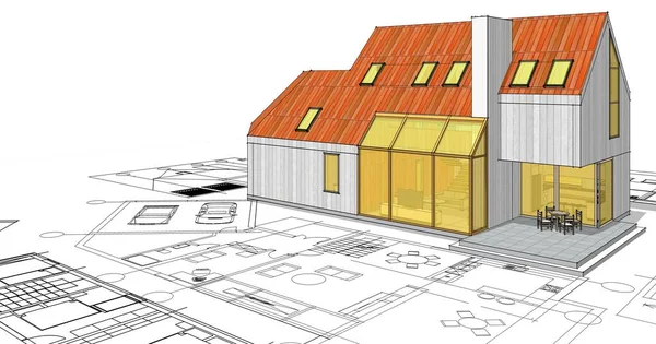 Modern Huis Architectonisch Project Schets Illustratie — Stockfoto