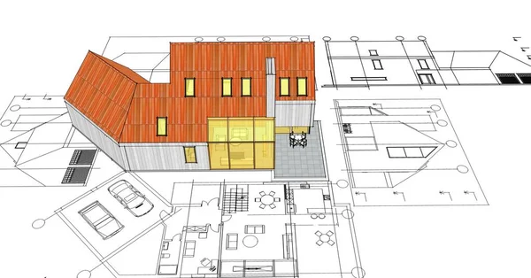 Nowoczesny Dom Projekt Architektoniczny Szkic Ilustracja — Zdjęcie stockowe