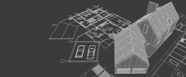 现代房屋建筑草图3D插图 — 图库照片