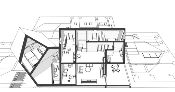 现代房屋建筑草图3D插图 — 图库照片