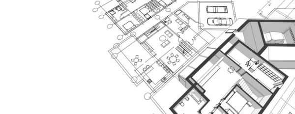 Современный Дом Архитектурный Эскиз Проекта Иллюстрация — стоковое фото