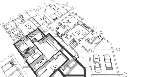 现代房屋建筑草图3D插图 — 图库照片