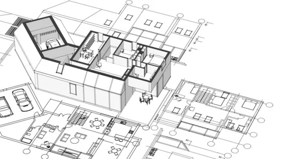 Moderní Dům Architektonický Projekt Skica Ilustrace — Stock fotografie