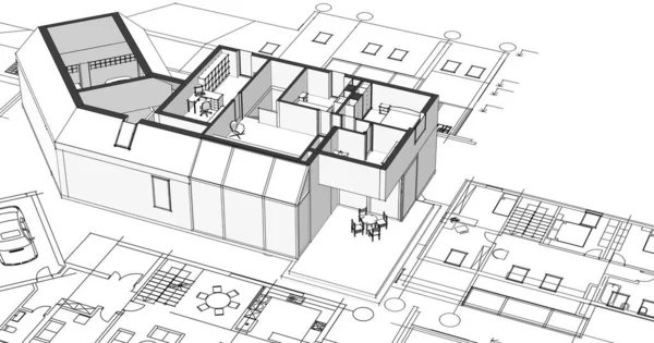 Nowoczesny Dom Projekt Architektoniczny Szkic Ilustracja — Zdjęcie stockowe