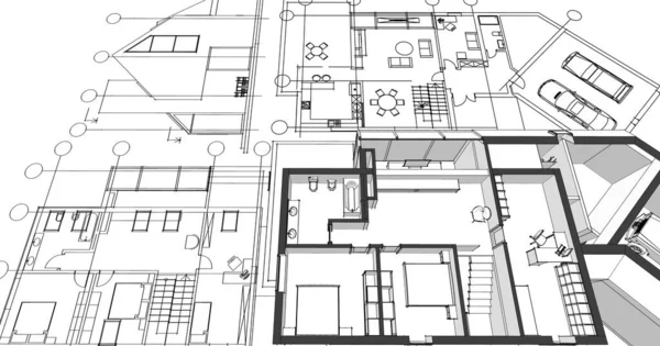 Casa Moderna Proyecto Arquitectónico Bosquejo Ilustración —  Fotos de Stock