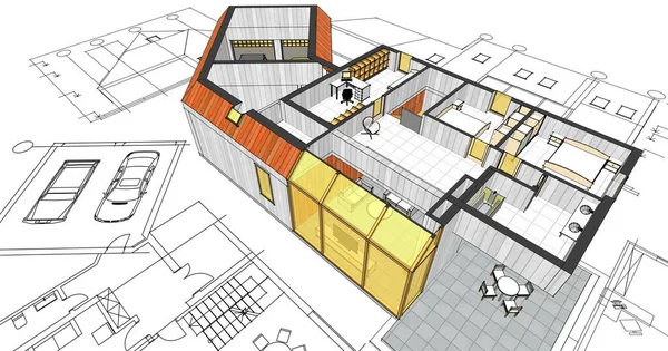 modern house architectural project sketch 3d illustration