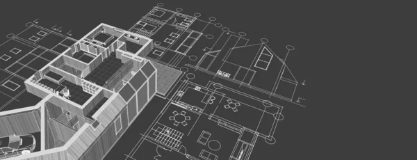 现代房屋建筑草图3D插图 — 图库照片