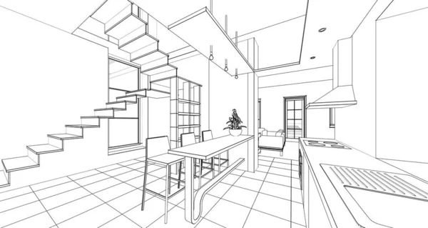 Kuchnia Wnętrze Pokój Dzienny Ilustracja — Zdjęcie stockowe