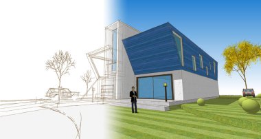 Modern bir ev çizimi. 3D görüntüleme.