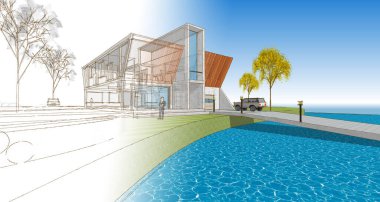 Modern bir ev çizimi. 3D görüntüleme.