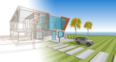 Modern bir ev çizimi. 3D görüntüleme.