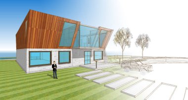 Modern bir ev çizimi. 3D görüntüleme.