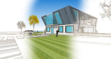 Modern bir ev çizimi. 3D görüntüleme.