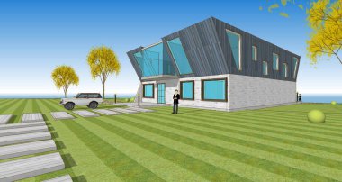 Modern bir ev çizimi. 3D görüntüleme.