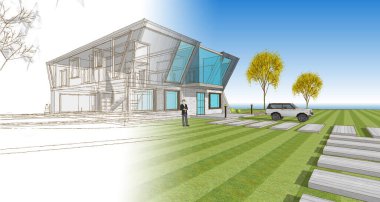 Modern bir ev çizimi. 3D görüntüleme.