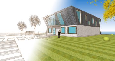 Modern bir ev çizimi. 3D görüntüleme.