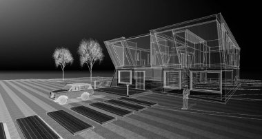 Modern bir ev çizimi. 3D görüntüleme.