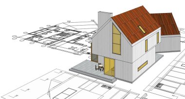 ev planı mimari taslak 3D illüstrasyon