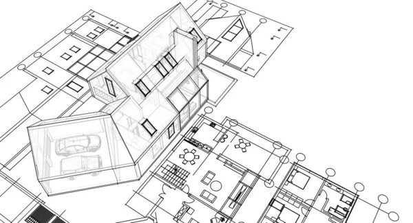 家の計画建築スケッチ3Dイラスト — ストック写真