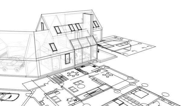 Hus Plan Arkitektonisk Skiss Illustration — Stockfoto