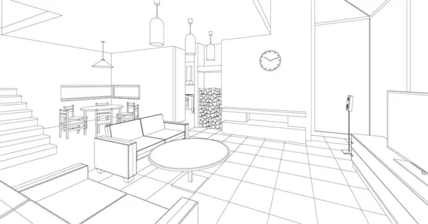 Huis Interieur Keuken Woonkamer Illustratie — Stockvector
