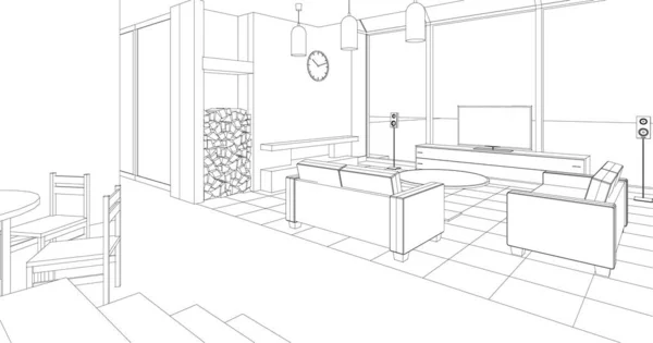 Casa Interno Cucina Soggiorno Illustrazione — Vettoriale Stock