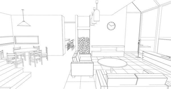 Haus Interieur Küche Wohnzimmer Illustration — Stockvektor