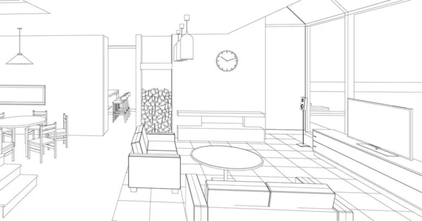 Haus Interieur Küche Wohnzimmer Illustration — Stockvektor