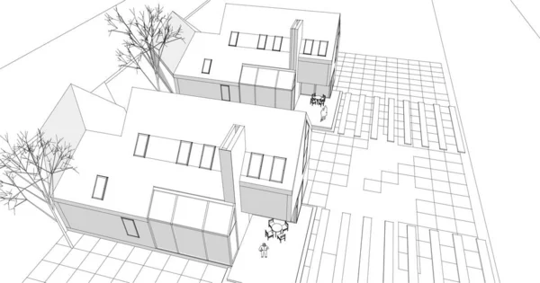 Современный Дом Архитектурный Эскиз Рендеринг — стоковый вектор